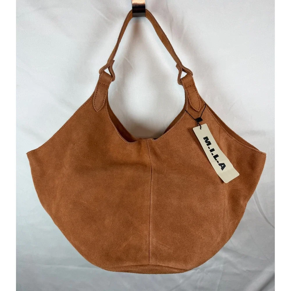 M.I.L.A Emma Bag Tan Brown Suede Leather Hobo Shoulder Bag Womens‎ MILA Handbag